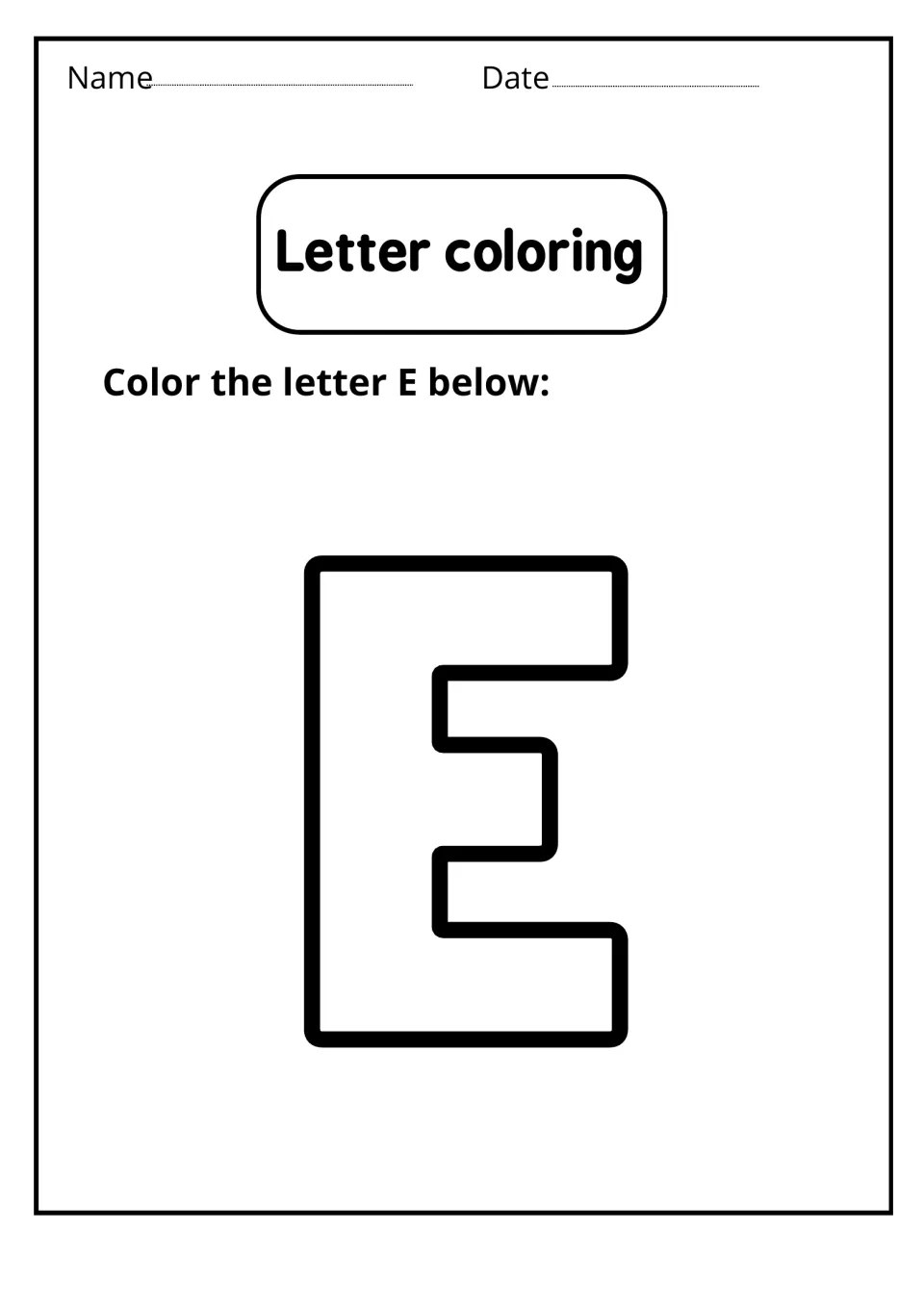 Letter coloring: students color one large outlined uppercase E to explore the shape of the capital letter