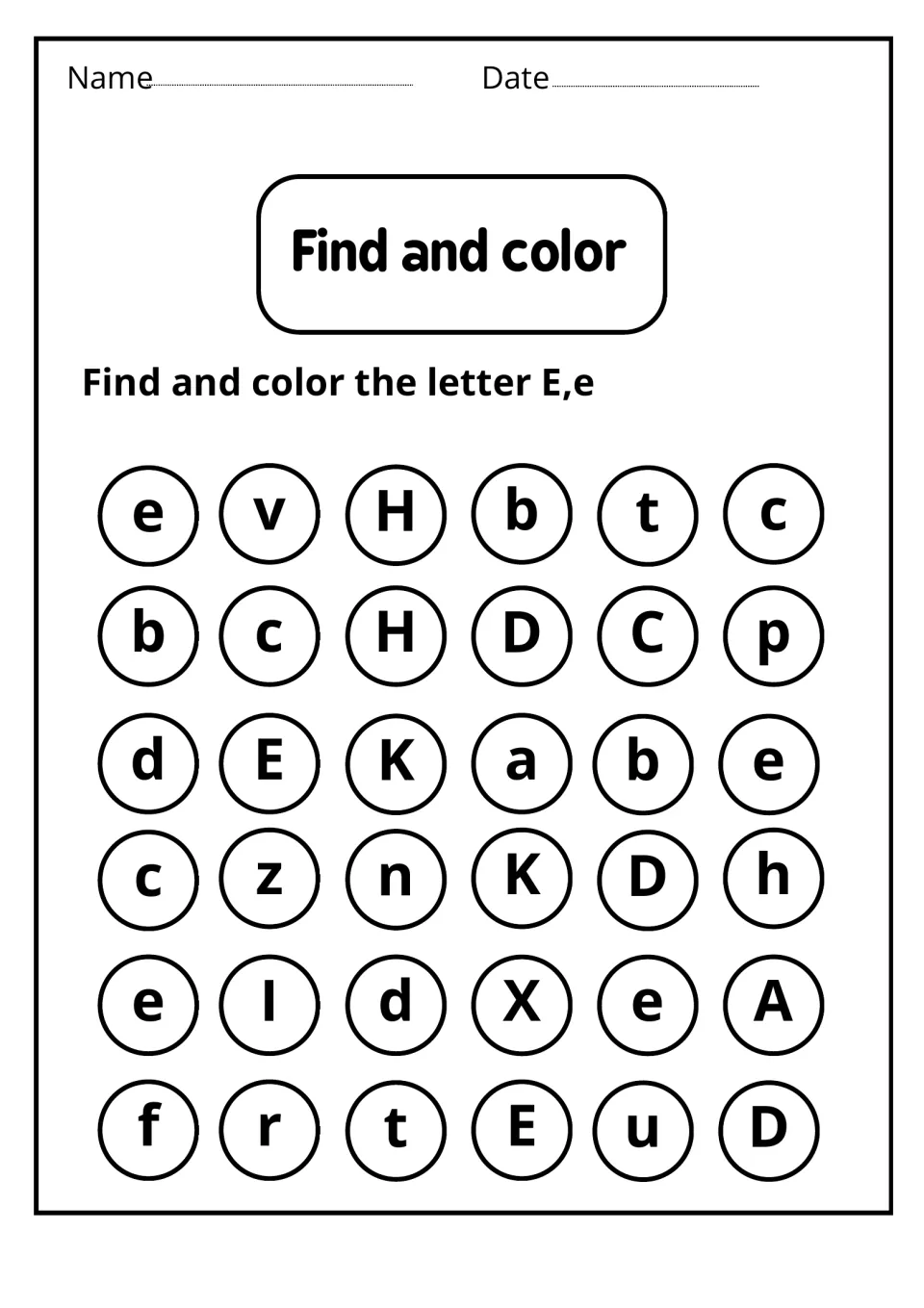Find and color: students scan 36 circled letters and color every uppercase E and lowercase e to practise letter recognition