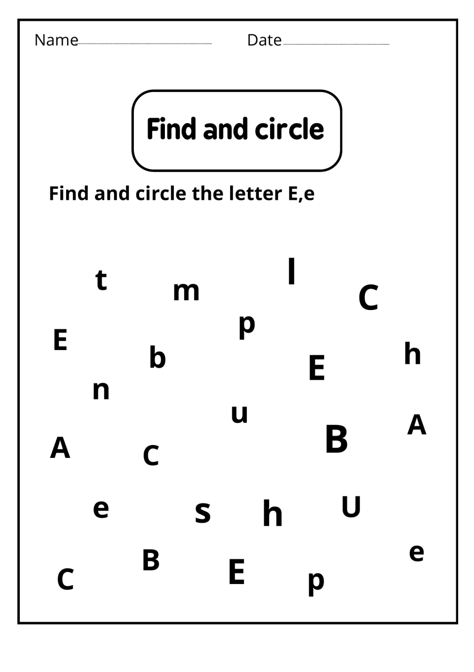 Find and circle: students search scattered letters such as A, B, C, h and p and circle each E and e they spot among them