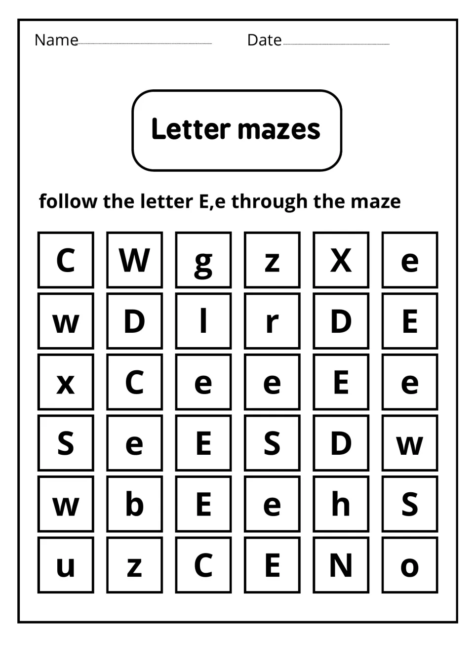 Letter mazes: students follow a path of E and e letters through a 6-by-6 letter maze, skipping all the other letters