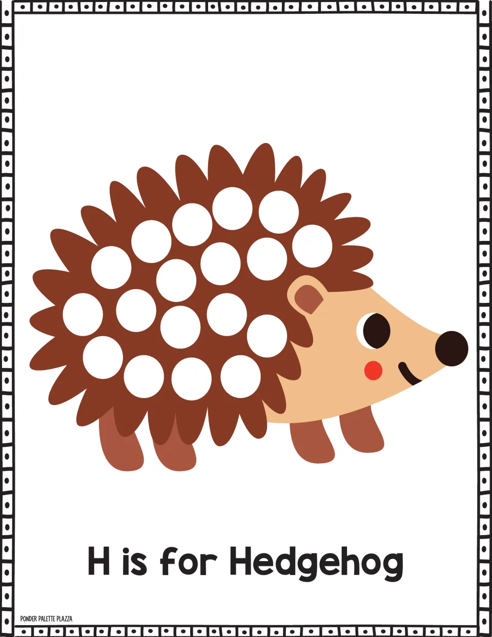 Hedgehog dot page for letter H: students fill the white circles on a brown hedgehog's spiky back with a dot marker