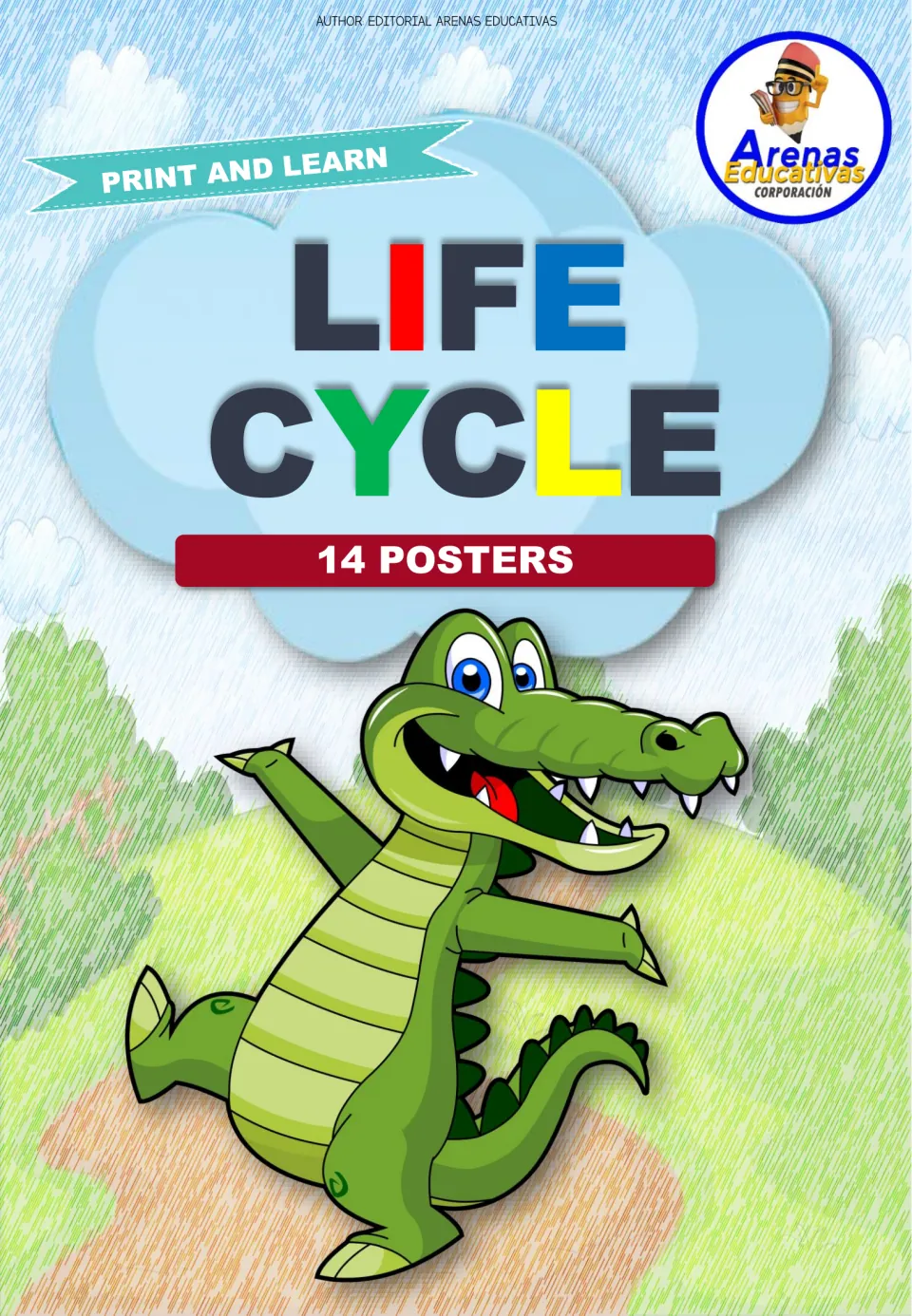 Cover of the life cycle poster set, labeled 'Print and Learn' and '14 Posters' by Arenas Educativas