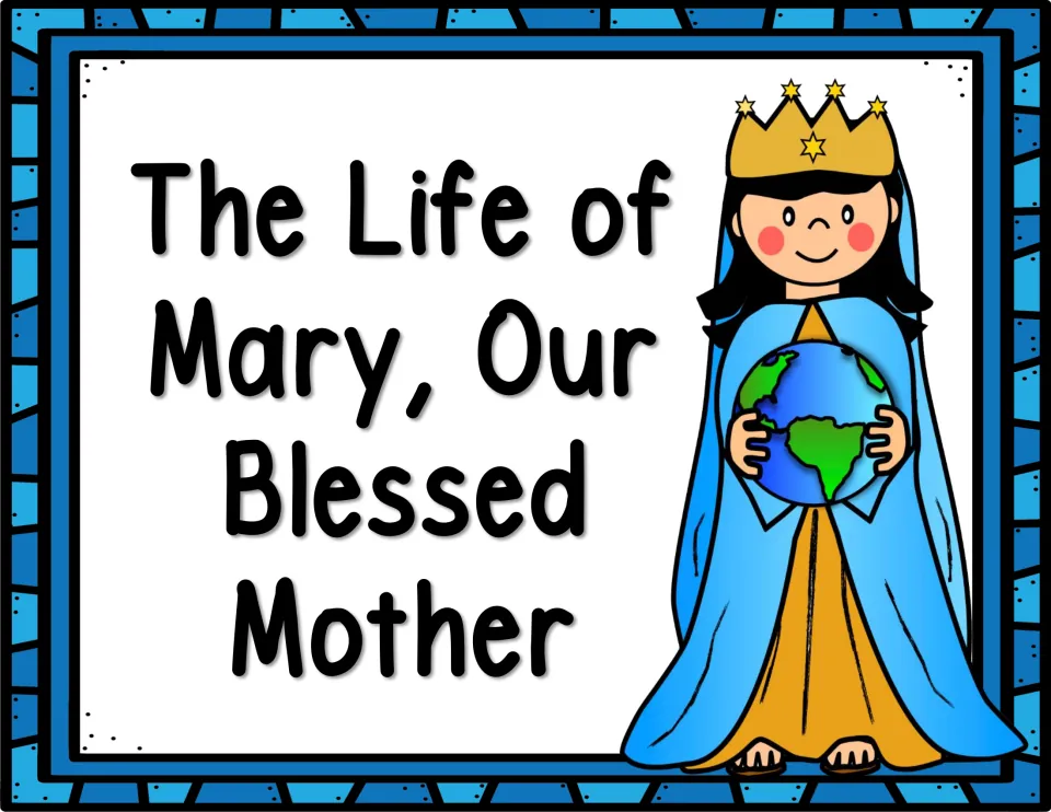 Color reading packet cover titled 'The Life of Mary, Our Blessed Mother,' showing crowned Mary holding Earth