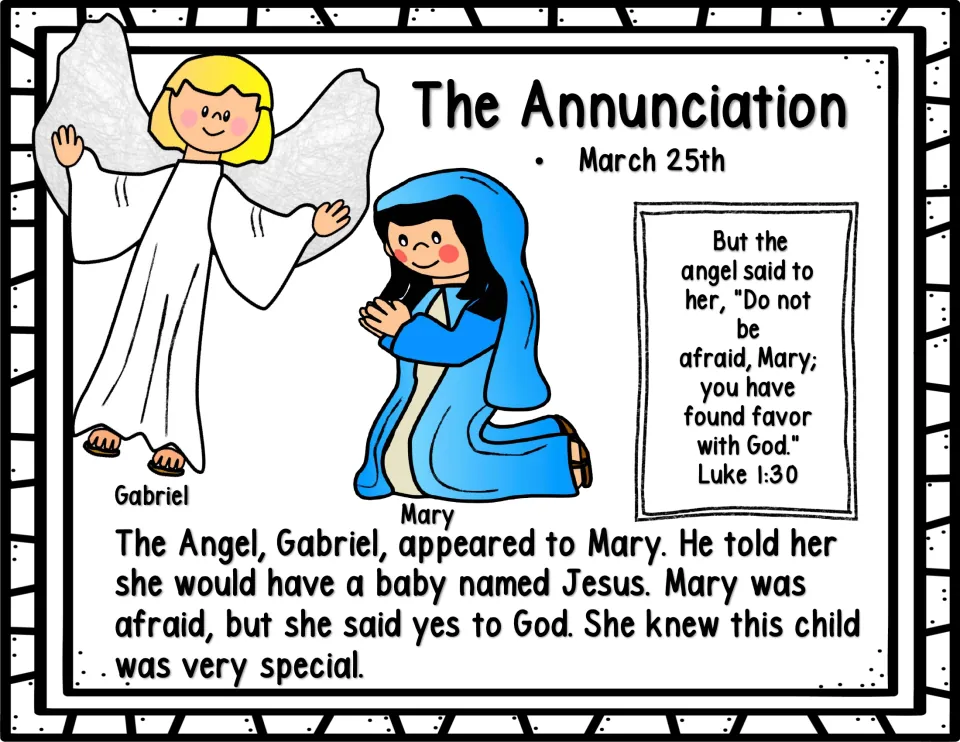 Color story page about the Annunciation on March 25: Gabriel tells Mary she will have a baby named Jesus
