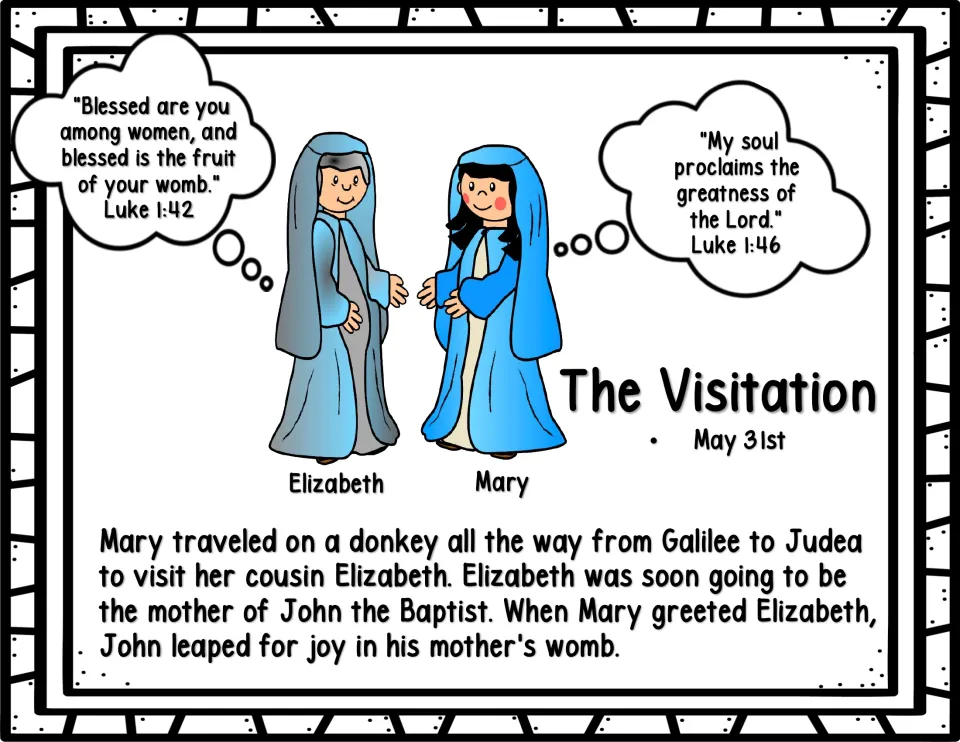 Color story page about the Visitation on May 31: Mary visits Elizabeth, and John leaps for joy in her womb