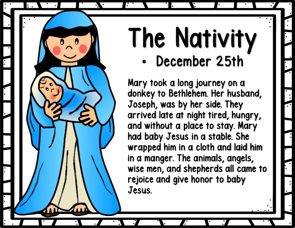 Color story page about the Nativity on December 25: Mary travels to Bethlehem and gives birth to Jesus