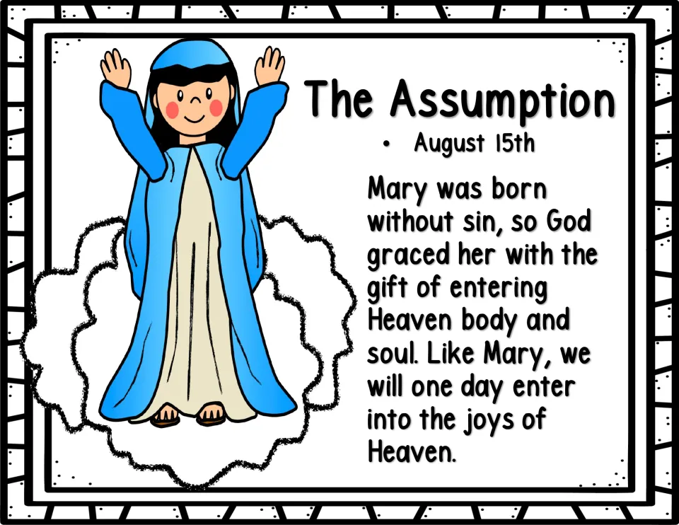Color story page about the Assumption on August 15, describing Mary entering Heaven body and soul