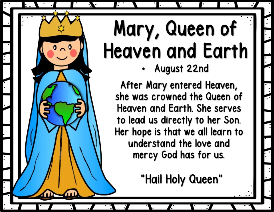 Color story page about Mary as Queen of Heaven and Earth on August 22, showing her crowned with a globe
