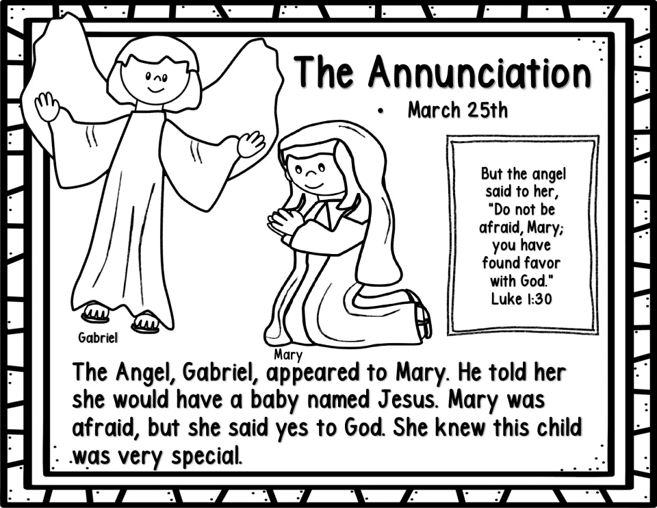 Black-and-white Annunciation story page: Gabriel tells Mary she will have Jesus; includes Luke 1:30