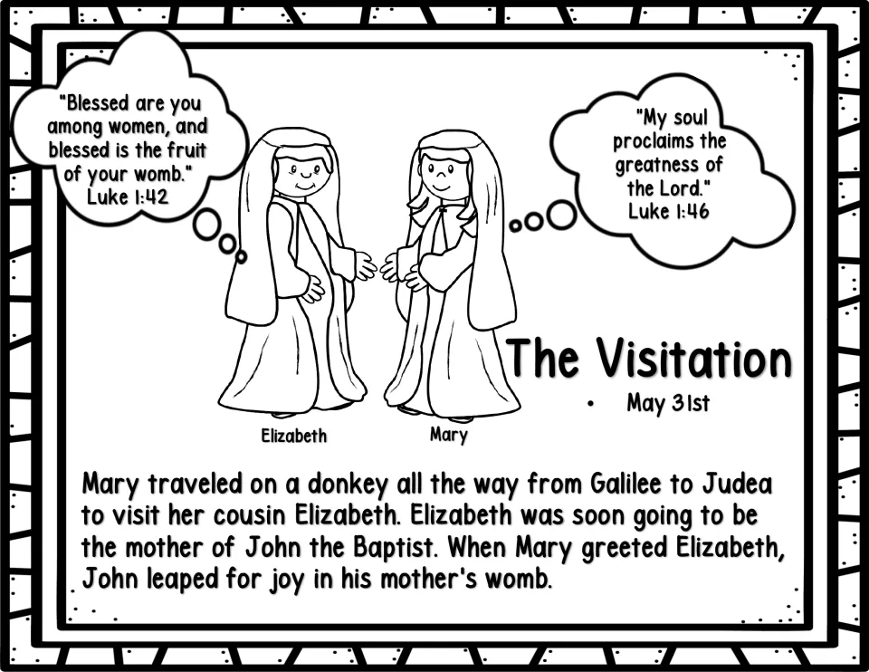 Black-and-white Visitation story page: Mary visits Elizabeth, with quotations from Luke 1:42 and 1:46
