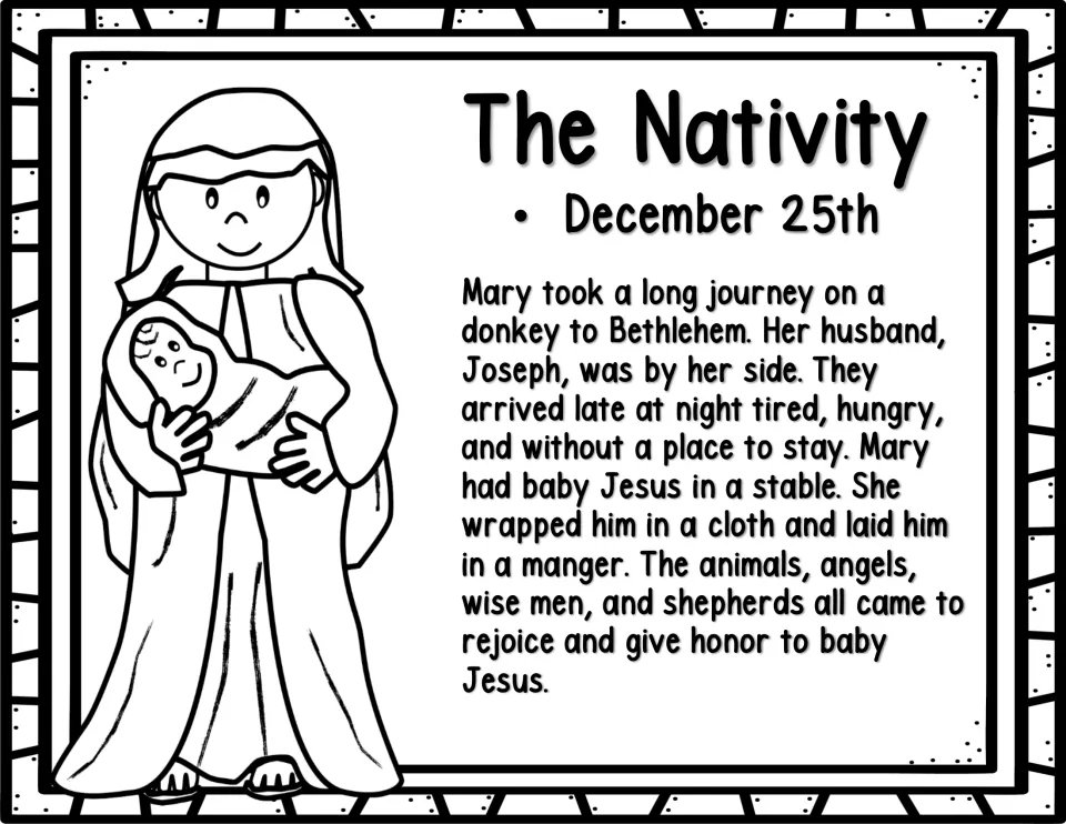 Black-and-white Nativity story page: Mary holds baby Jesus beside the account of his birth in Bethlehem