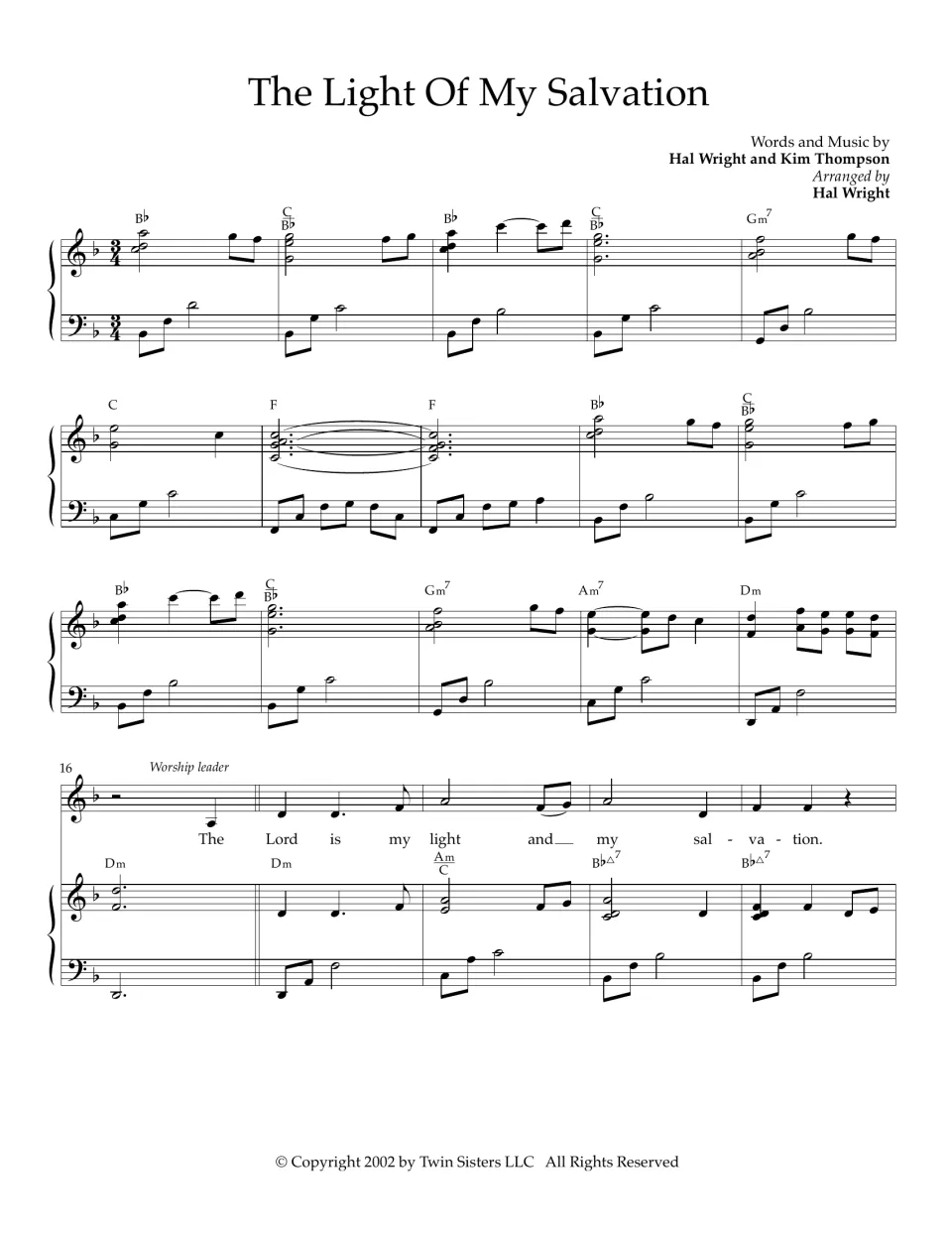 The Light Of My Salvation, bars 1-20: piano intro in 3/4, then worship leader sings "The Lord is my light" with chords