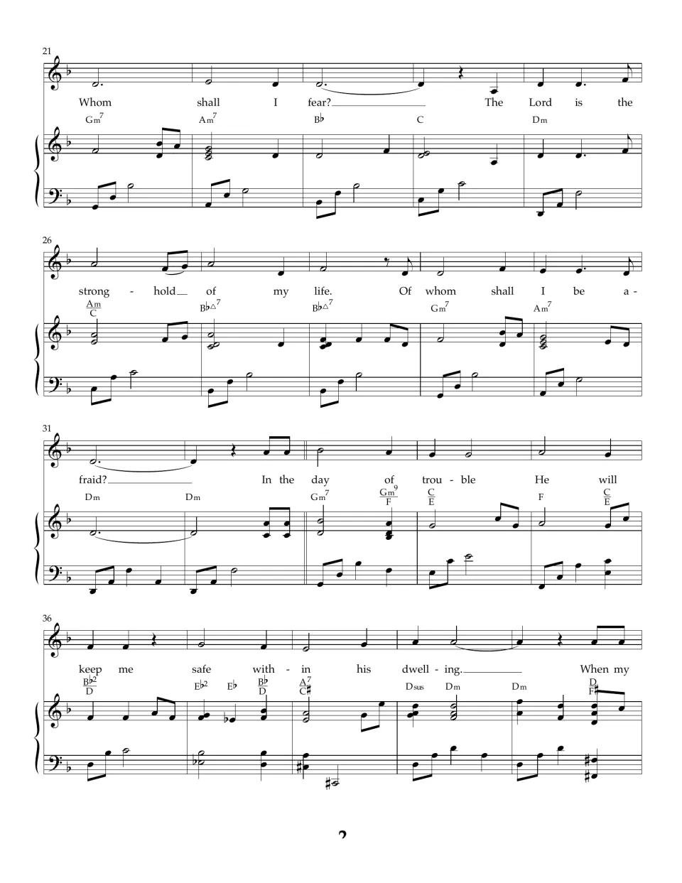 Song bars 21-40: voice and piano from "Whom shall I fear?" to "keep me safe within his dwelling" with chord names