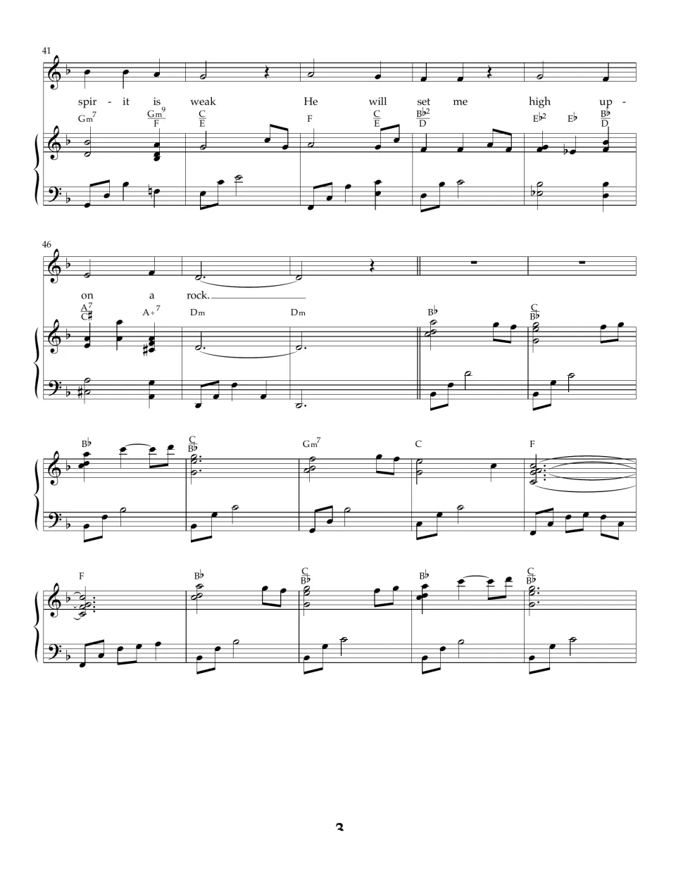 Song bars 41-60: singers finish "spirit is weak, He will set me high upon a rock" then a piano-only interlude