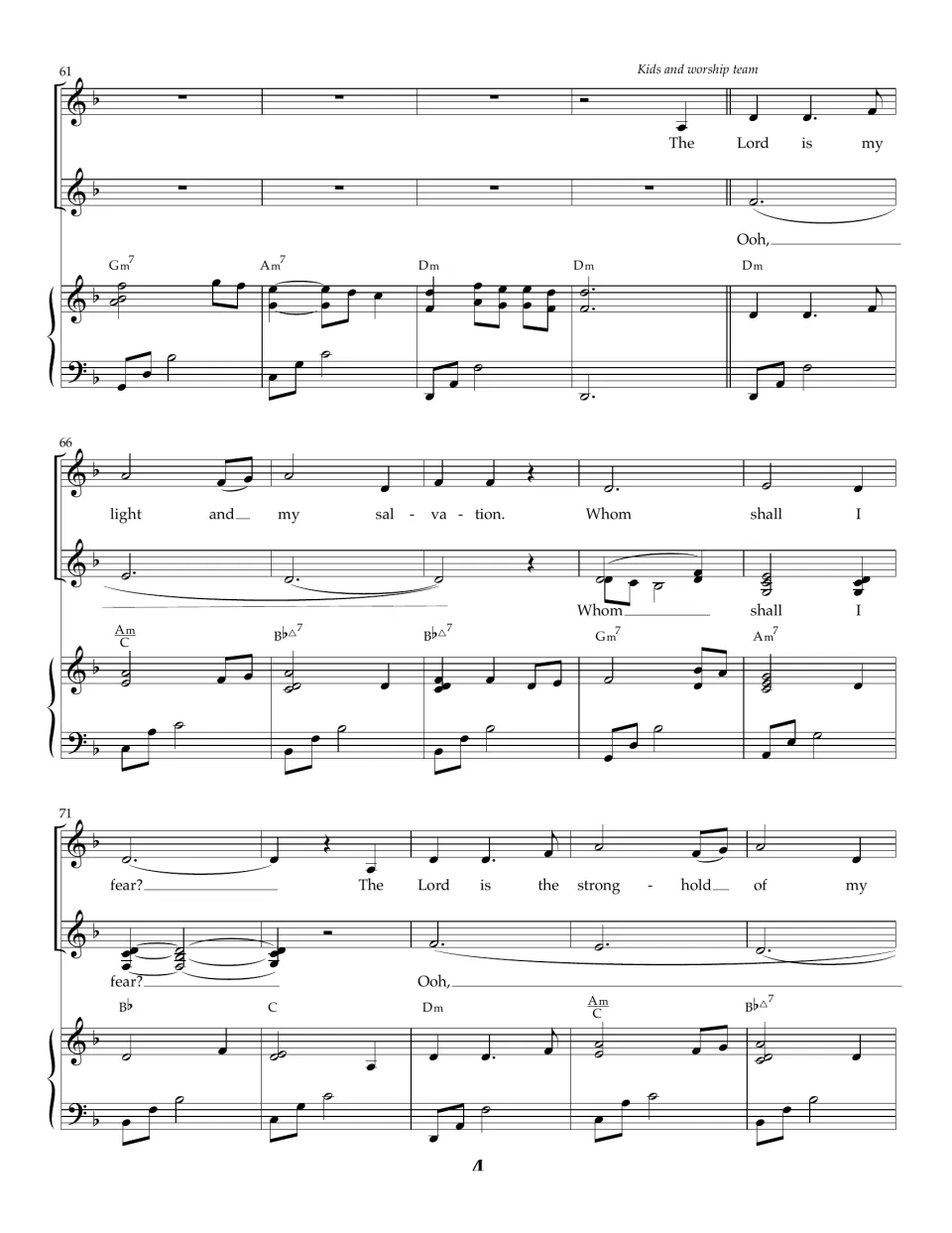 Song bars 61-75: kids and worship team sing the melody while a second part sings "Ooh" and echoes "Whom shall I fear?"