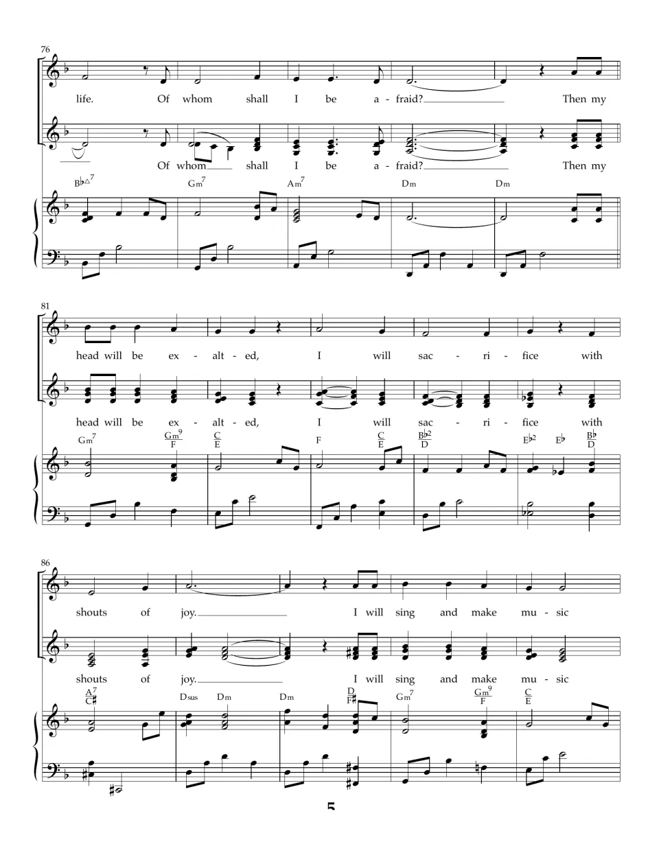 Song bars 76-90: two vocal parts in harmony sing "Then my head will be exalted" and "I will sing and make music"