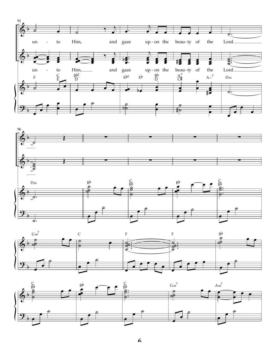 Song bars 91-110: voices end on "and gaze upon the beauty of the Lord" followed by a long piano interlude with rests