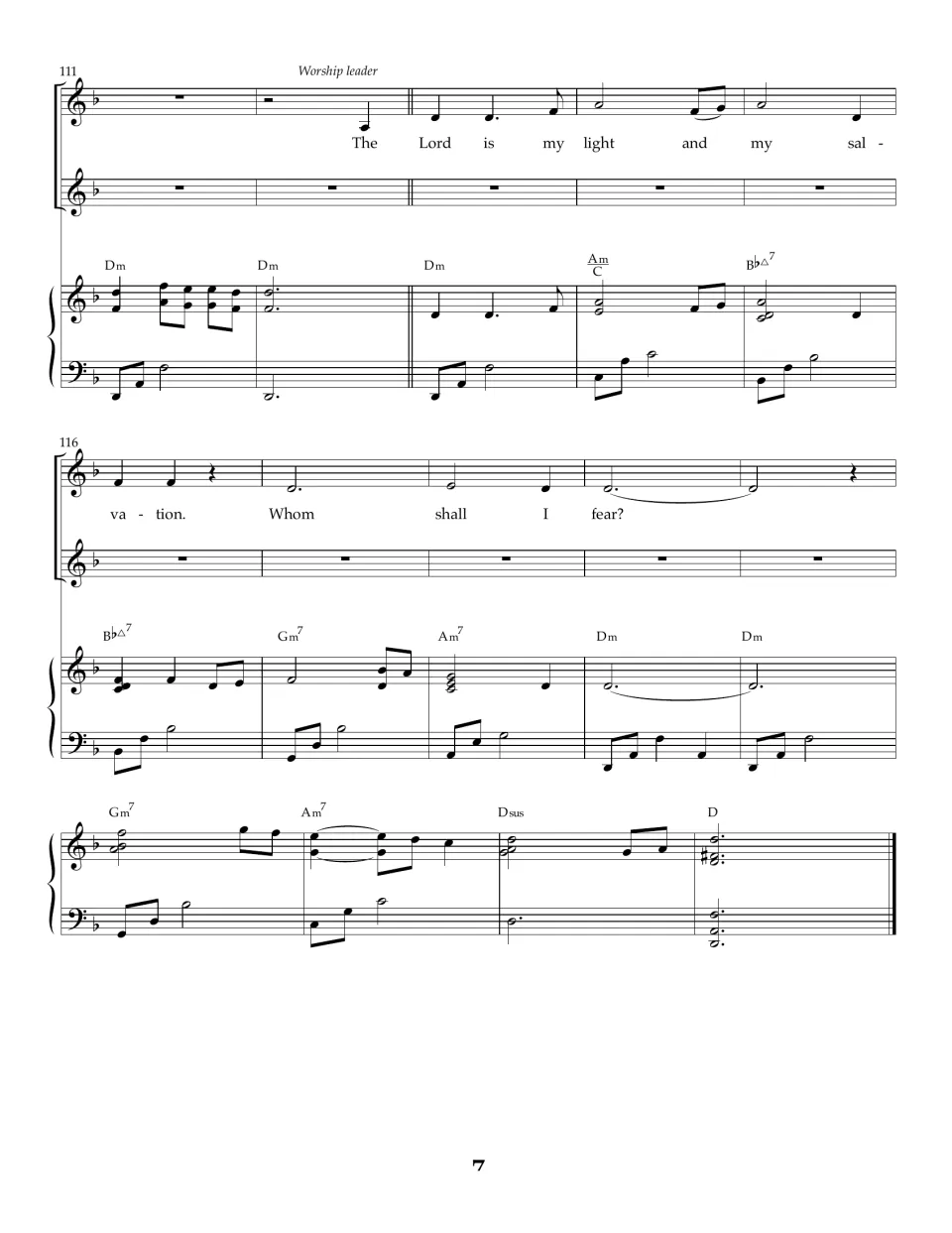 Song bars 111-124: worship leader solo returns to "The Lord is my light and my salvation" and the piano ends on a D chord