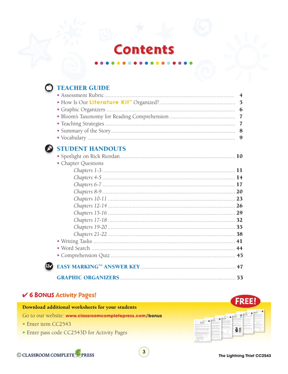 Contents lists teacher guidance, ten chapter question groups, writing tasks, a quiz, and an answer key