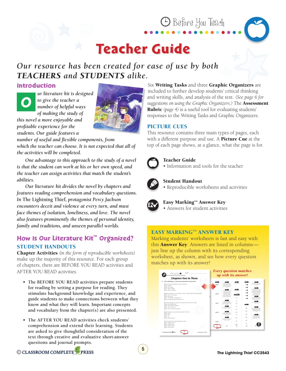 Teacher guide explains before- and after-reading activities, six writing tasks, and three graphic organizers