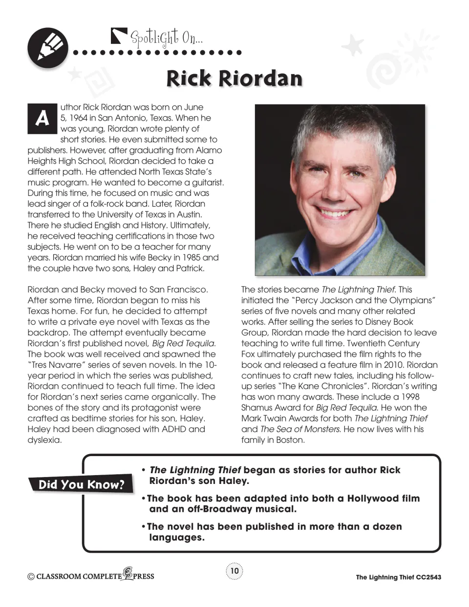 Author spotlight traces Rick Riordan's teaching and writing career and the bedtime stories told to his son