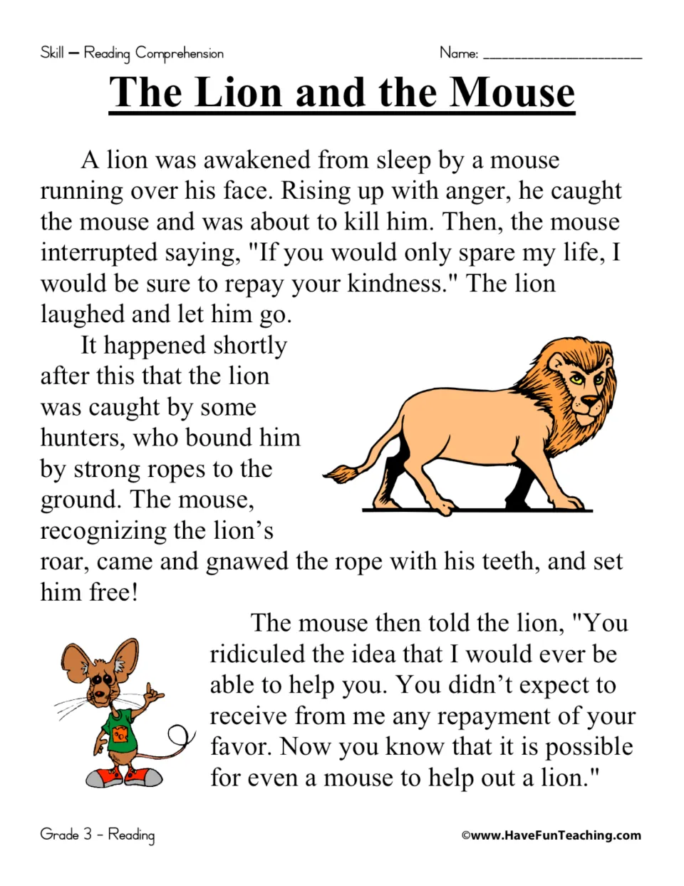 Fable reading passage: a lion spares a mouse, then hunters tie up the lion and the mouse gnaws the ropes to free him