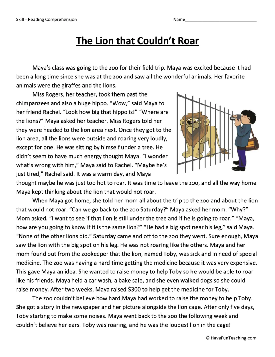 Reading passage about Maya raising $300 for medicine to help Toby, a sick zoo lion, roar again.