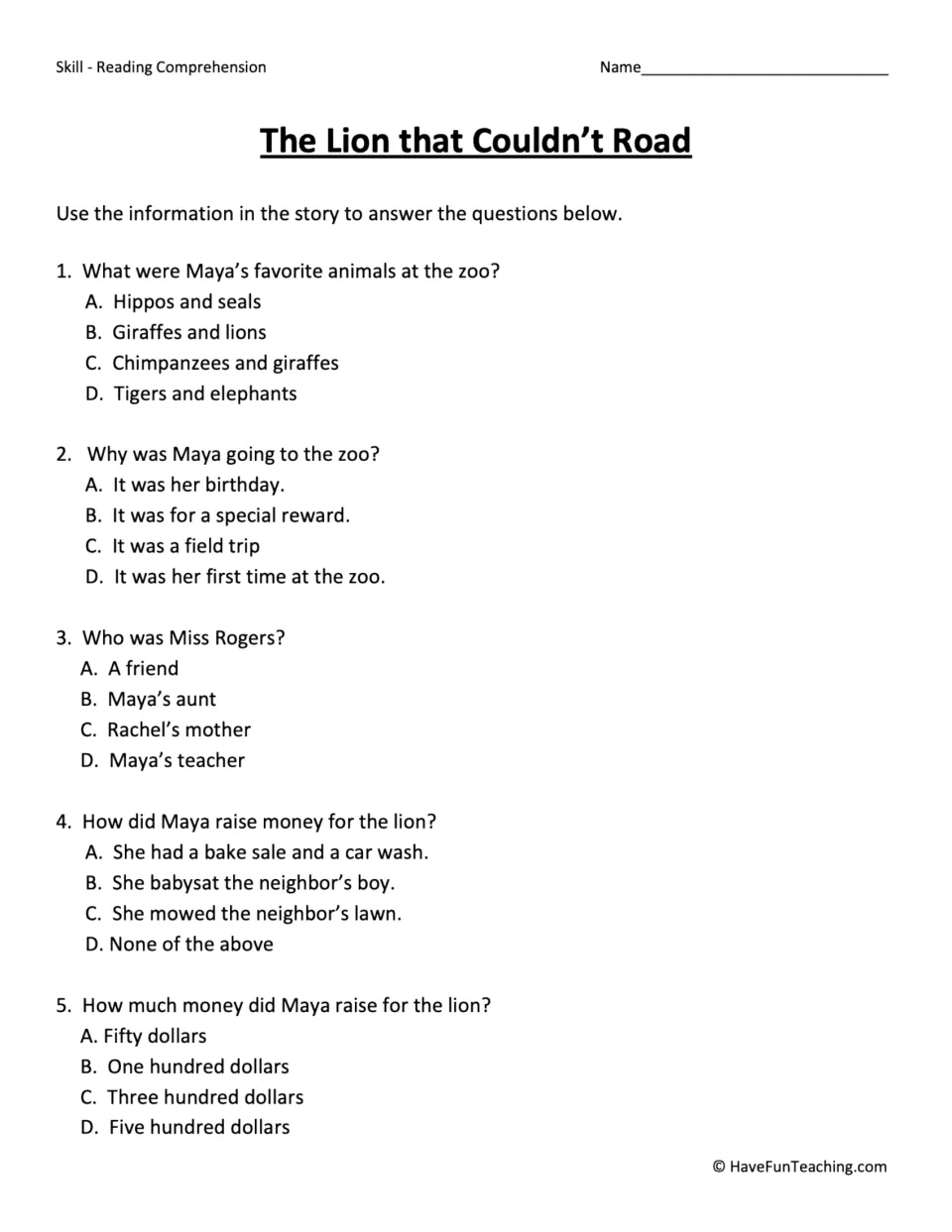 Five multiple-choice questions about Maya's favorite animals, zoo trip, teacher, and fundraising for Toby.