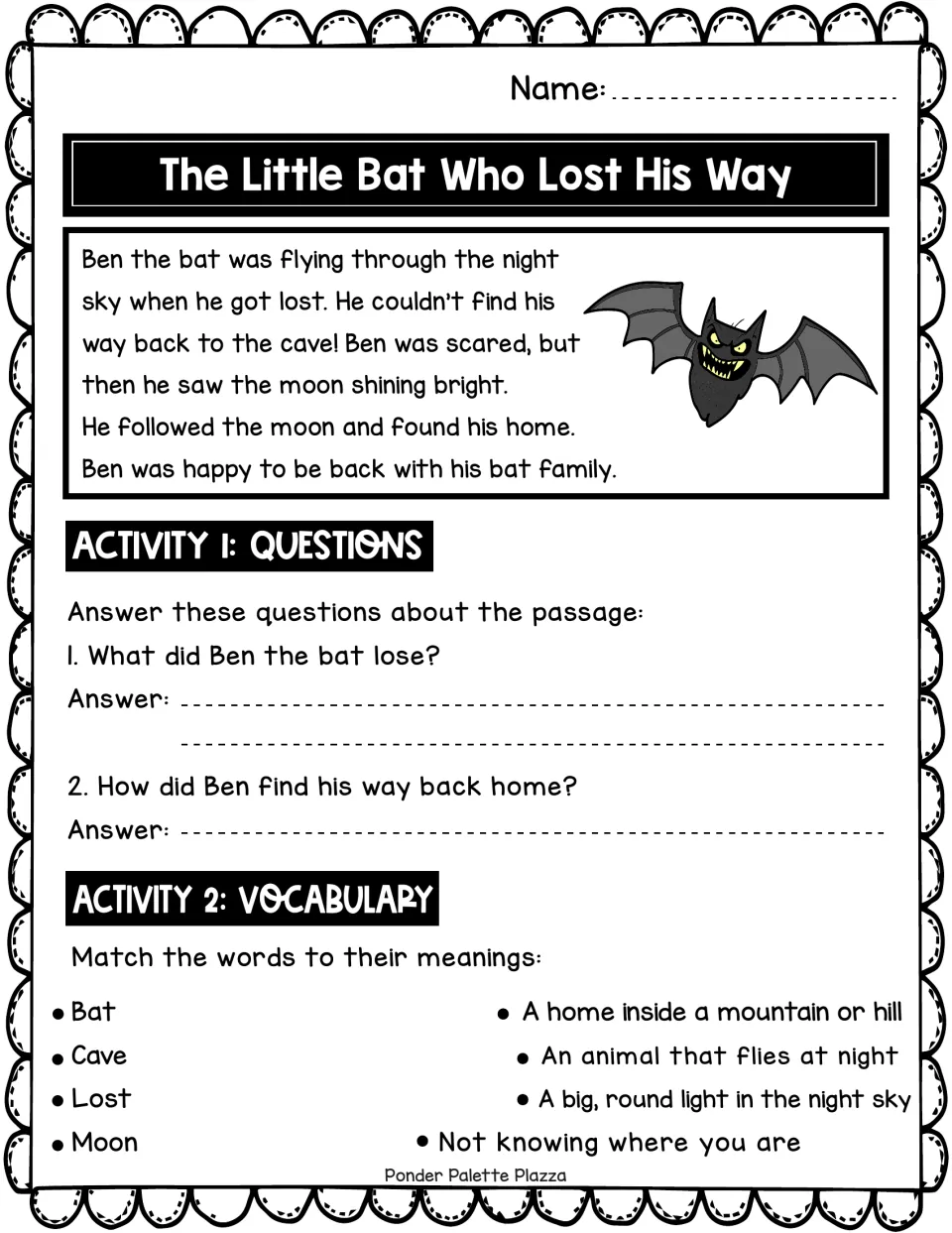 Lost bat story about Ben: students read the passage, answer 2 comprehension questions and match 4 vocabulary words