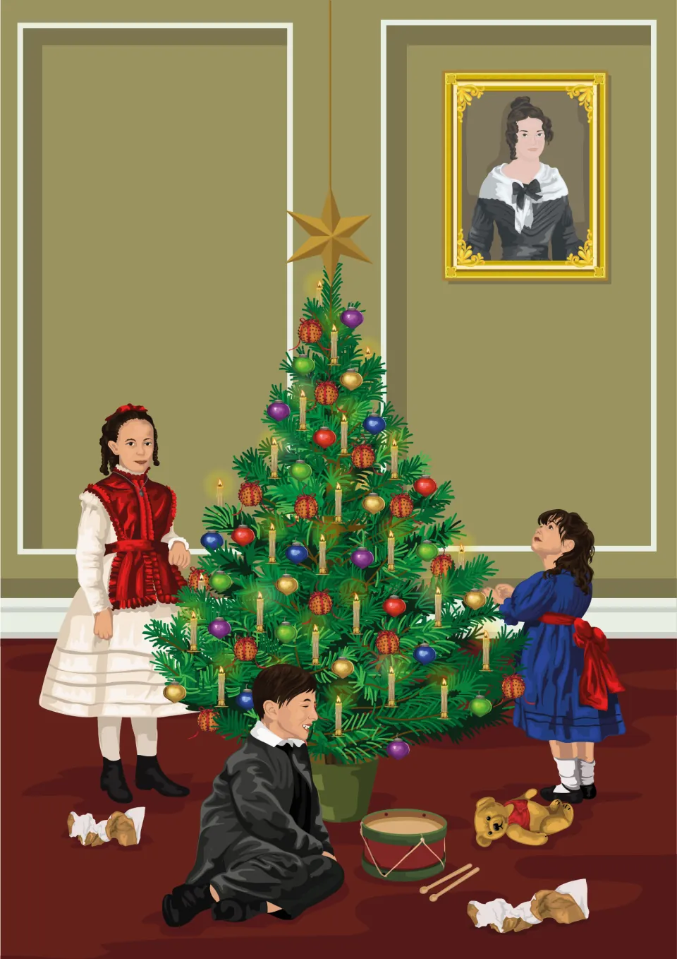 Full-page story illustration of three children beside the decorated fir tree, with toys on the floor.