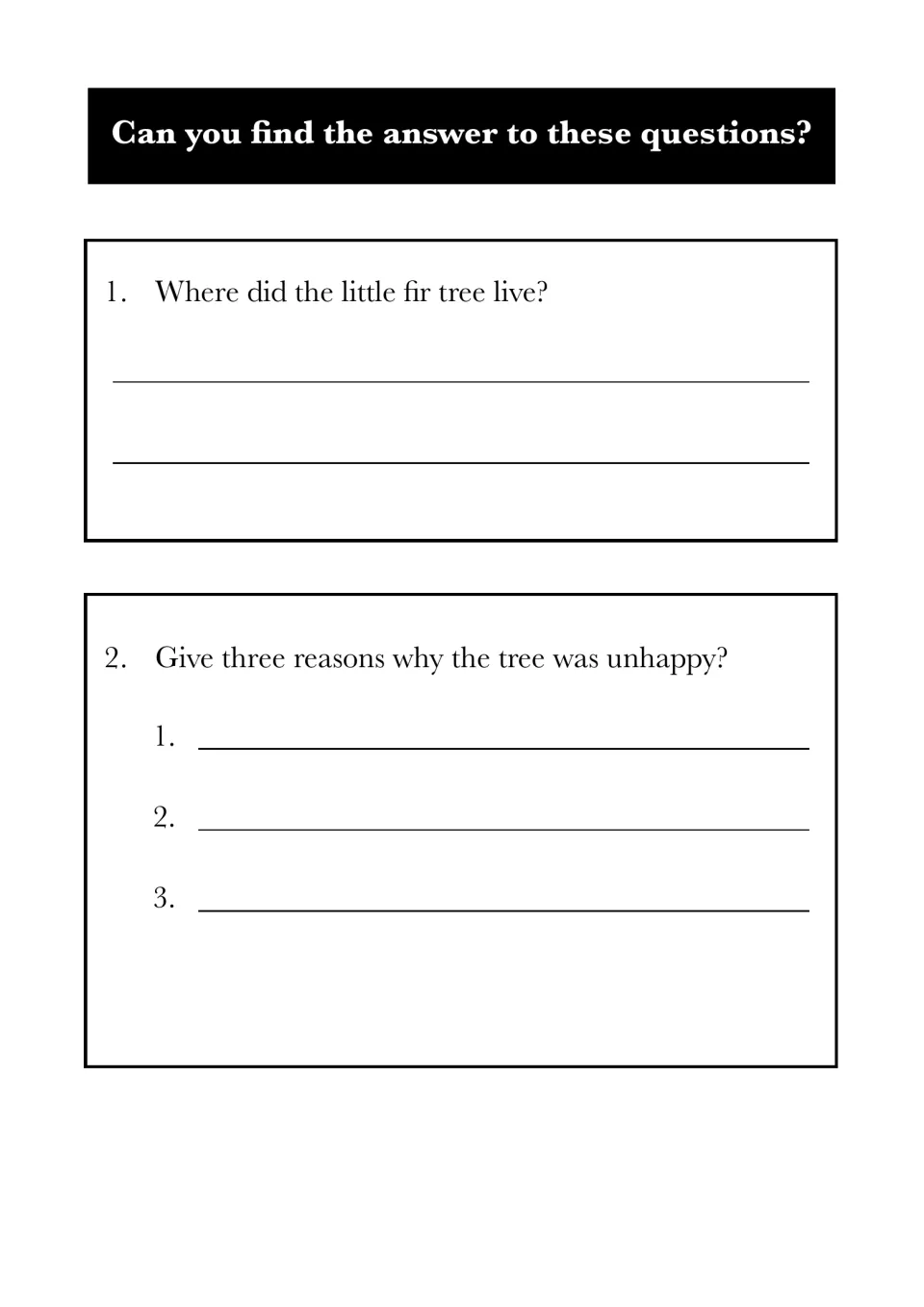 Comprehension questions 1–2 ask where the little fir tree lived and request three reasons he was unhappy.