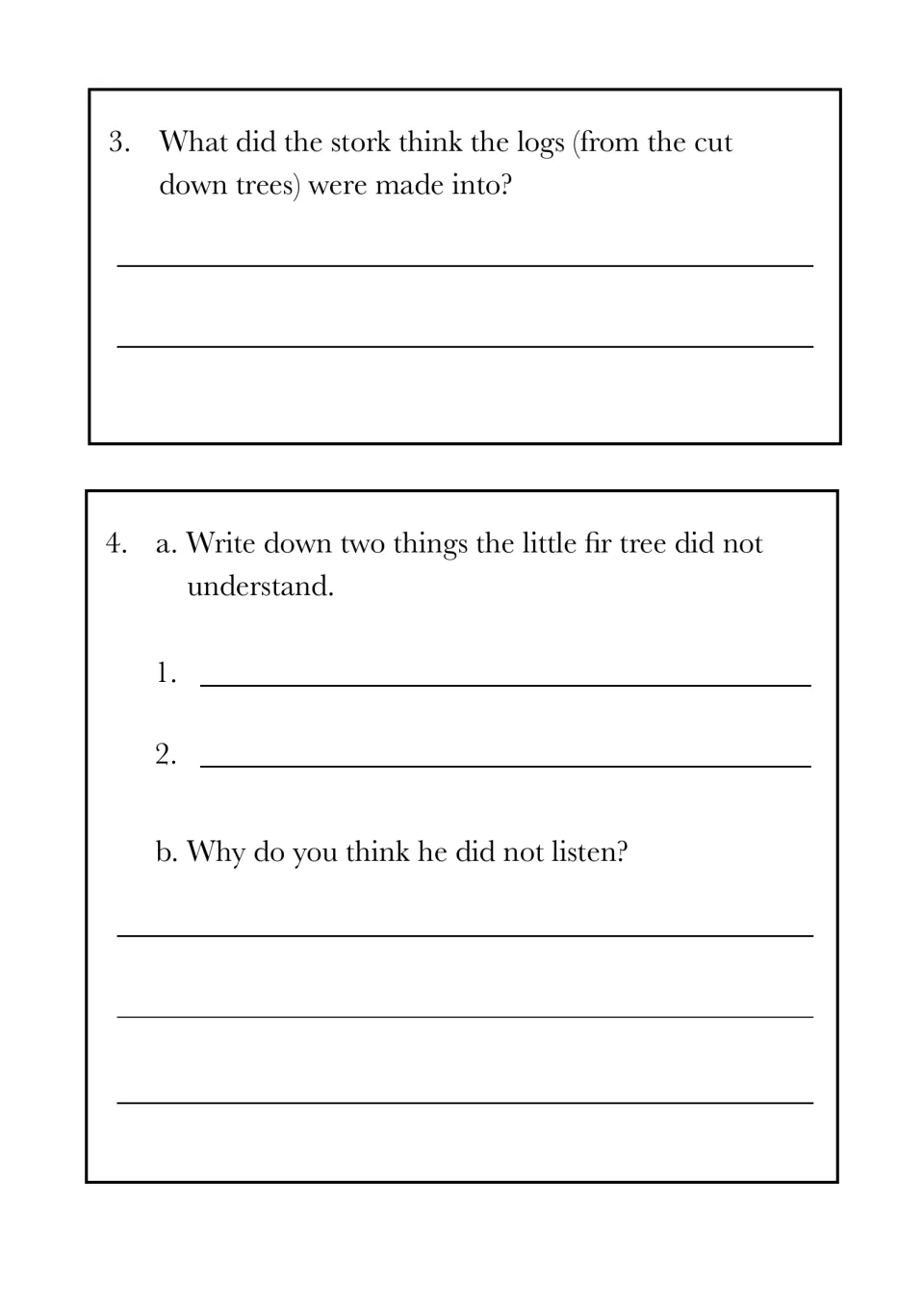 Comprehension questions 3–4 ask about the logs, two things the tree did not understand, and why he did not listen.