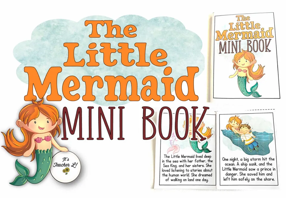 The Little Mermaid Mini Book cover showing a smiling mermaid beside sample pages about the storm and the rescued prince