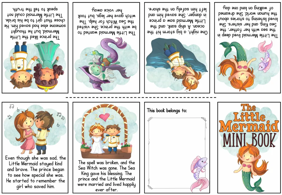 Colored mermaid story to fold: six illustrated pages retell the storm, Sea Witch spell and wedding, plus a name page