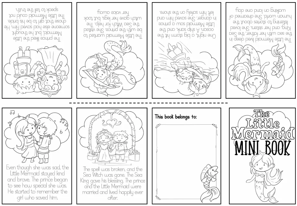 Black and white mermaid story with dotted text: students trace each sentence of the tale and color the six pictures