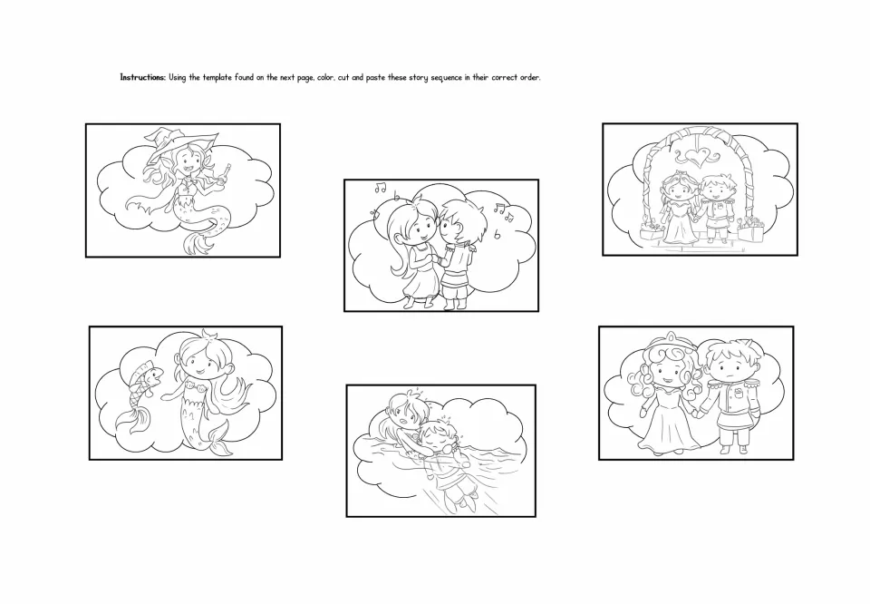 Story sequencing: students color and cut six scenes, from the mermaid and fish to the wedding, then paste them in order