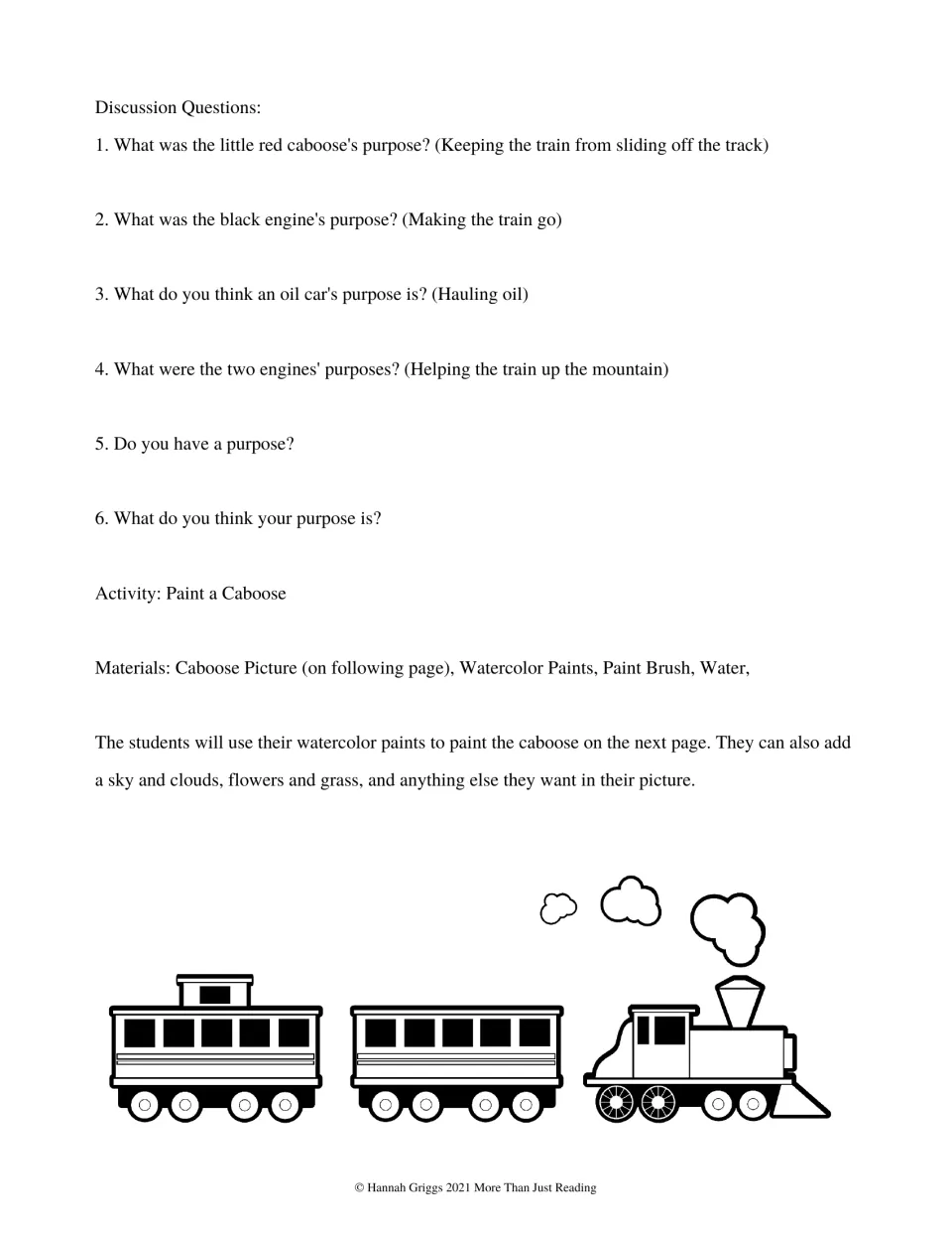 Six discussion questions about purpose, with suggested story answers and directions for painting a caboose