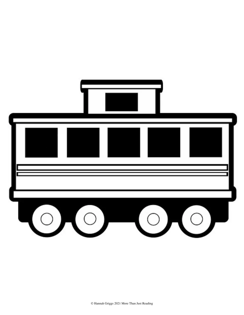 Caboose painting template for the guide's watercolor activity, showing a train car with windows and wheels