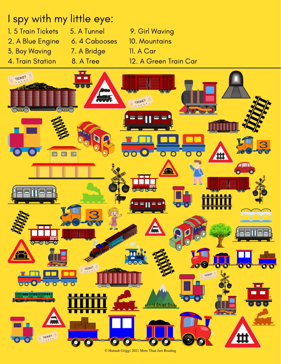 Train-themed I Spy activity with 12 prompts, including five train tickets, four cabooses, and a blue engine