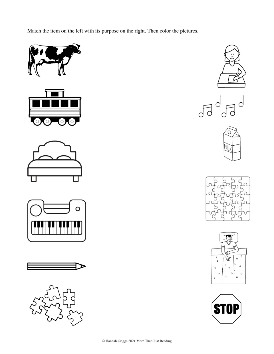 Purpose-matching activity: match a cow, caboose, bed, keyboard, pencil, and puzzle pieces, then color them