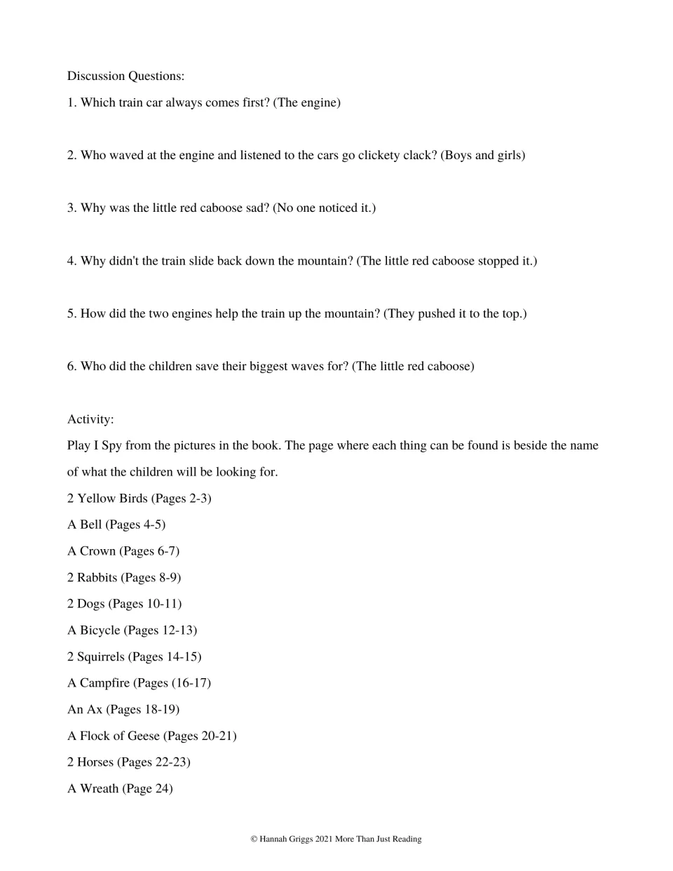 Story discussion guide with six questions and answers, plus 12 I Spy prompts tied to the book's pictures