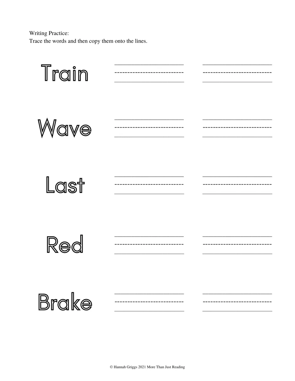 Story word writing practice asks students to trace and then copy five words: Train, Wave, Last, Red, Brake