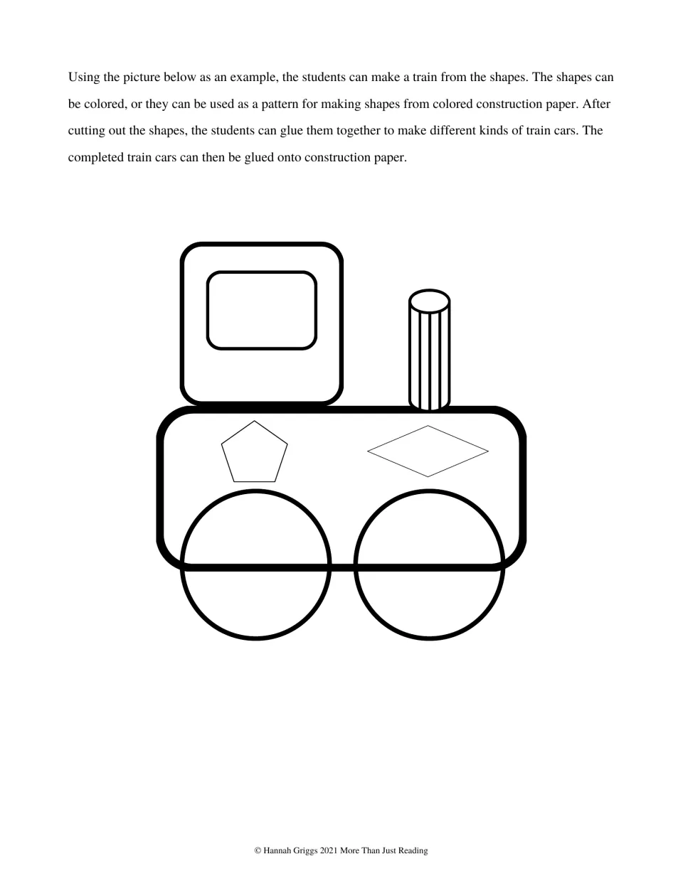 Train craft instructions explain coloring, cutting, and gluing paper shapes, with a completed engine example