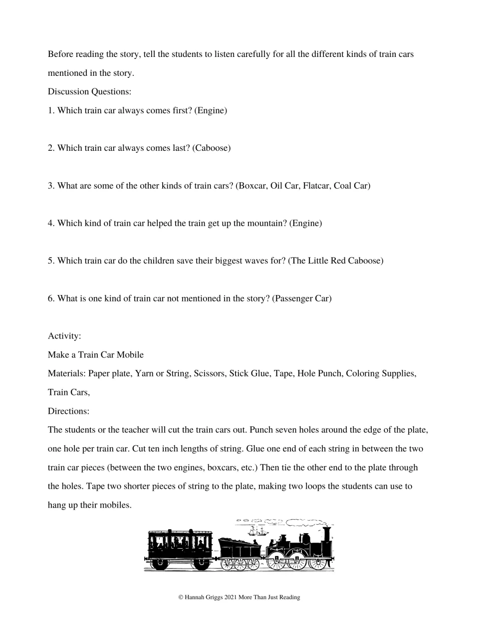 Teacher guide with six train-car discussion questions, answers, and directions for making a train car mobile