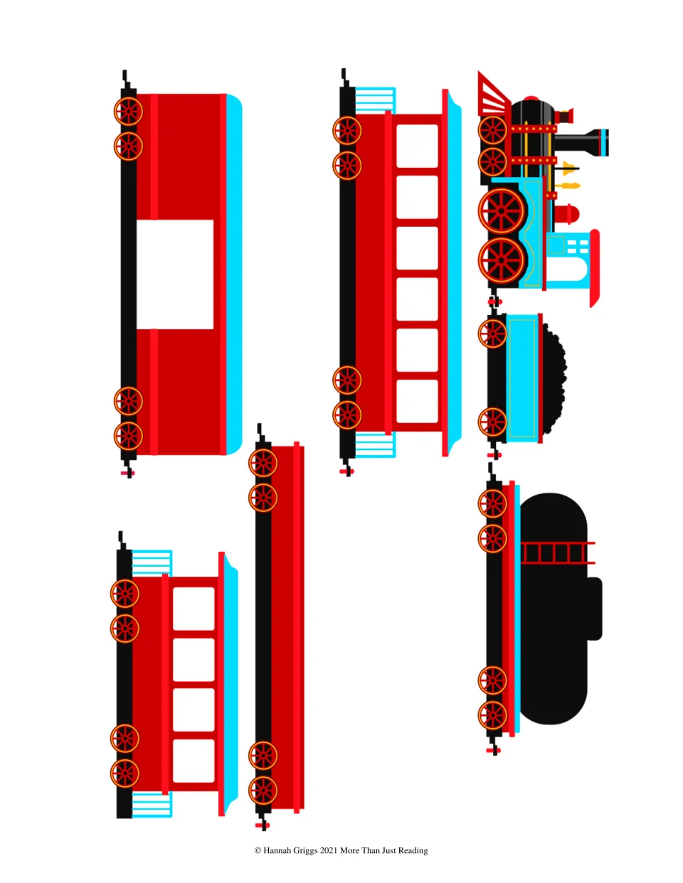 First mobile cutout sheet: seven colored train pieces, including an engine, coal car, oil car, and boxcar