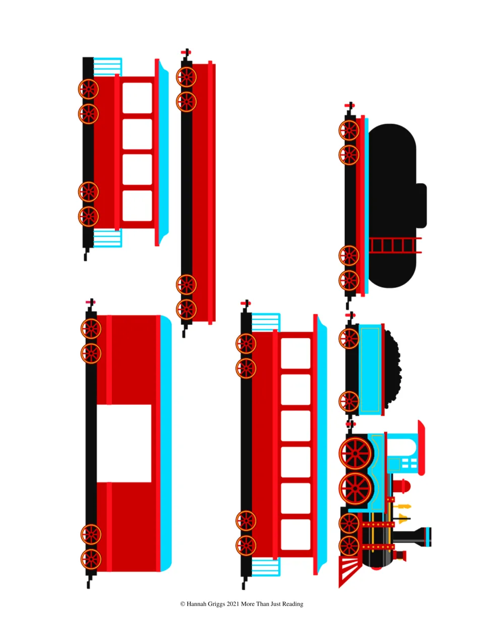 Second mobile cutout sheet: seven matching train pieces facing the opposite direction for paired assembly
