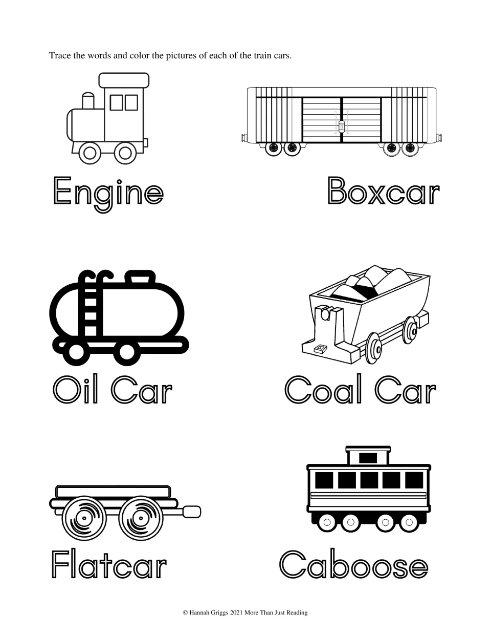 Tracing and coloring worksheet for six train names: Engine, Boxcar, Oil Car, Coal Car, Flatcar, and Caboose