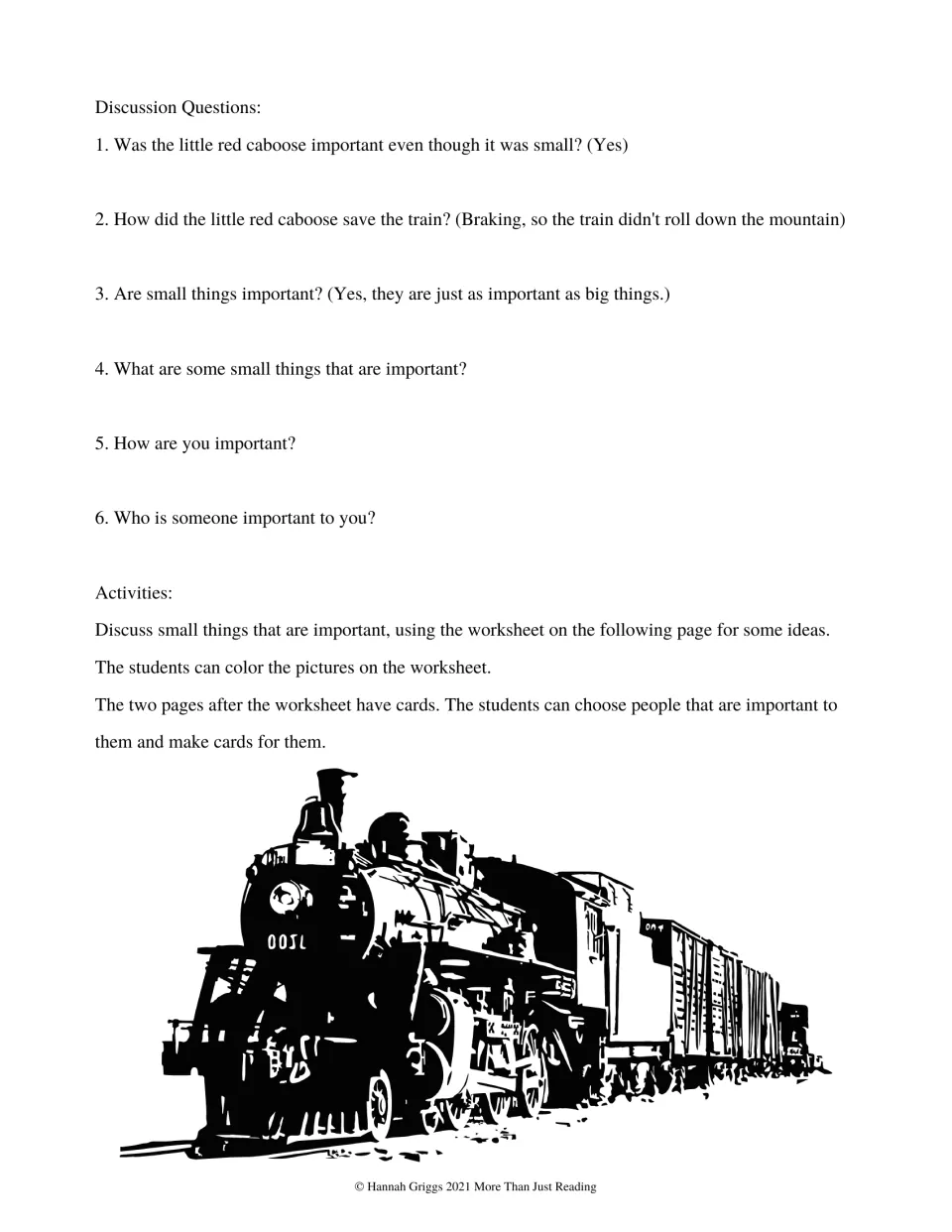 Six discussion questions about the caboose, small things, and important people, plus worksheet and card directions