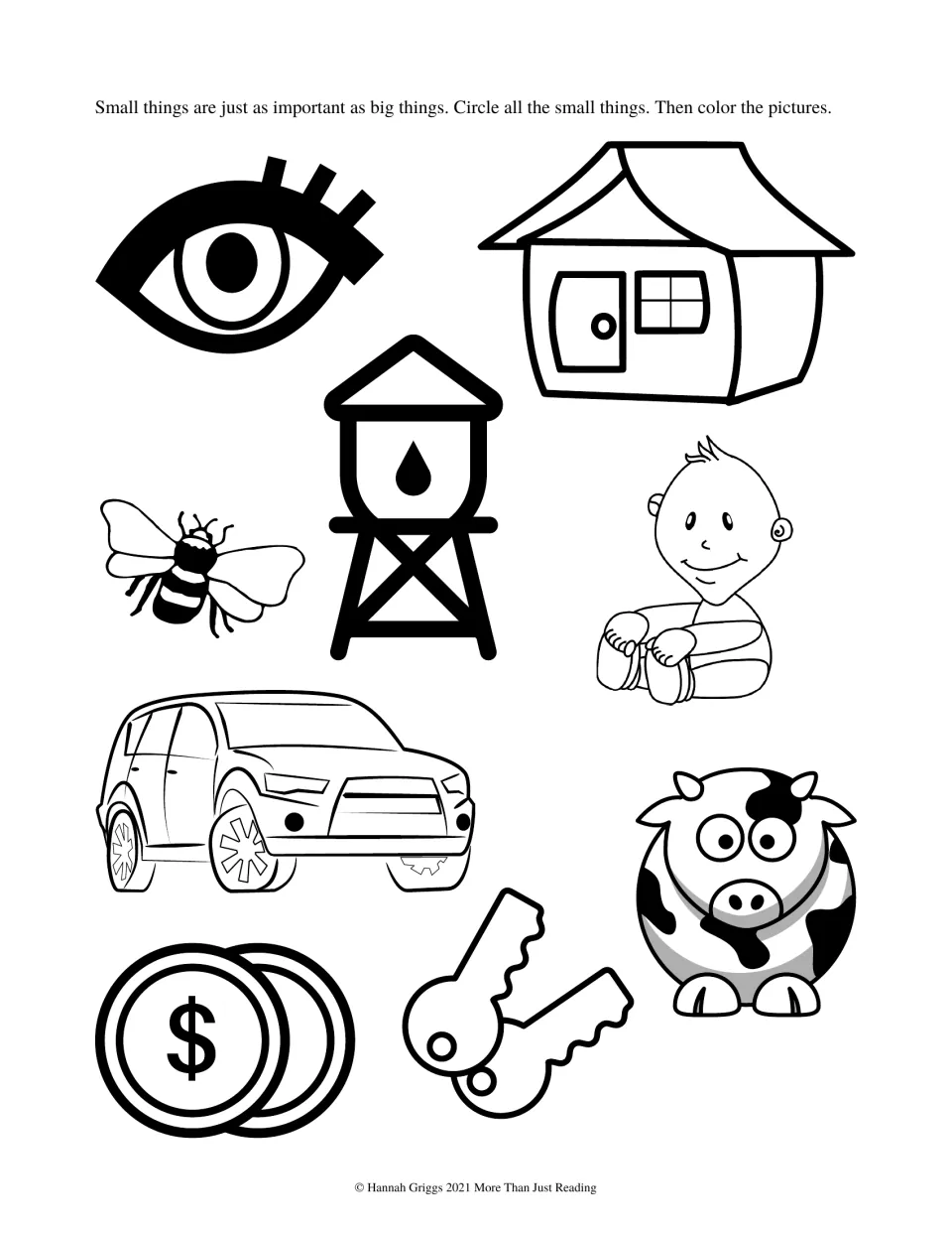Circle-and-color worksheet on important small things: eye, house, water tower, bee, baby, car, cow, coins, and keys
