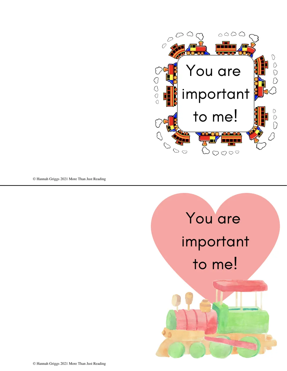Appreciation cards 1–2 of 4, both saying 'You are important to me!' with colorful train illustrations